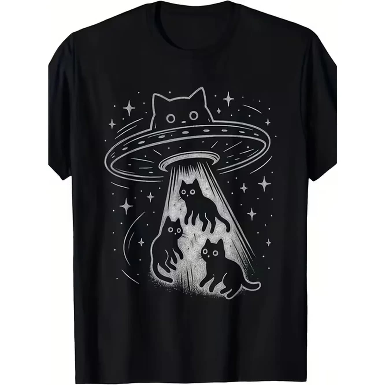 Funny Cat Ufo Cute Kitten Spaceship Aesthetic T Shirt Mens Casual Short Sleeves Print Round Neck Suitable For
