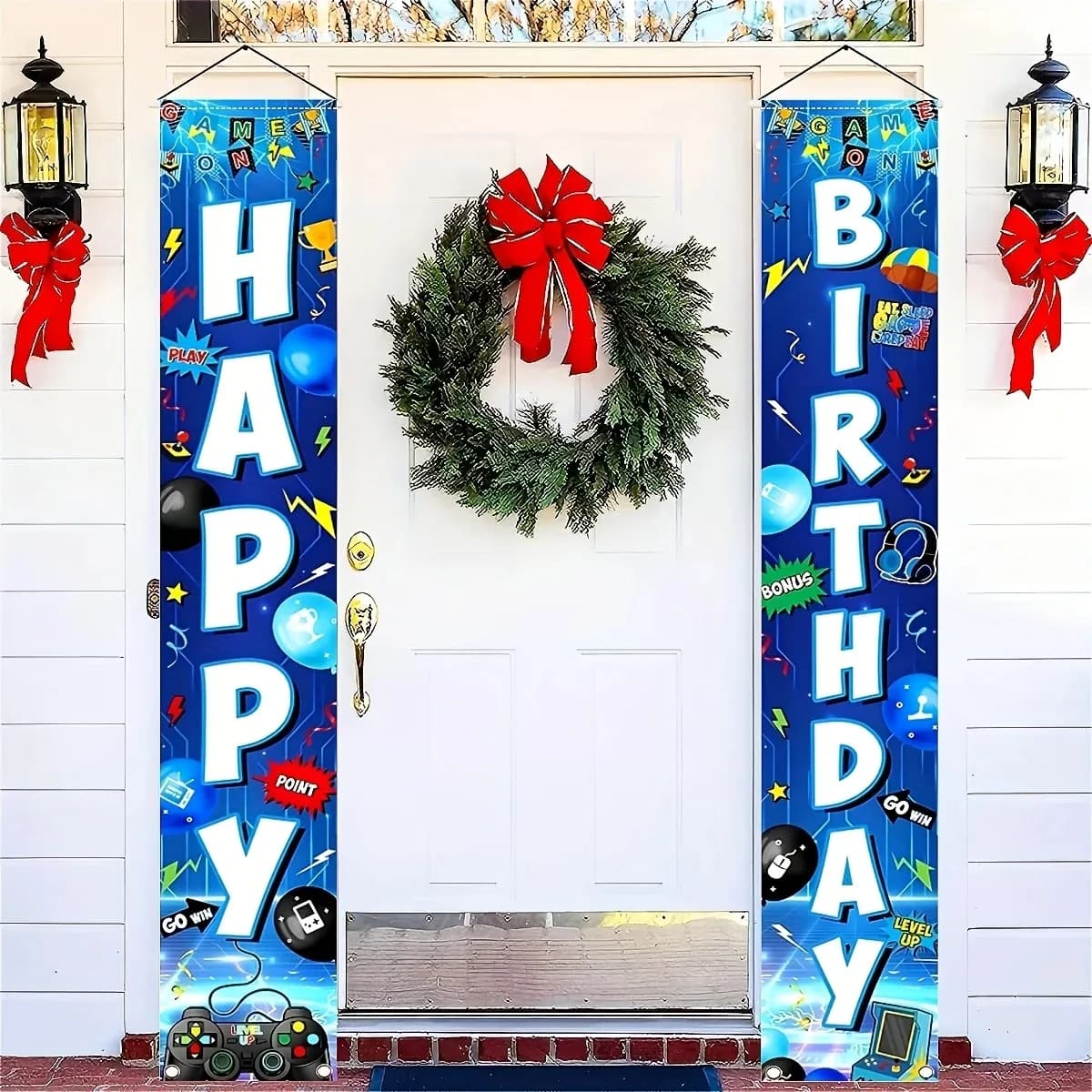 Striscione Blu per Porta a Tema Videogiochi 'Buon Compleanno', Coppia di Striscioni con Controller per Decorazioni Festa di Compleanno per Ragazzi