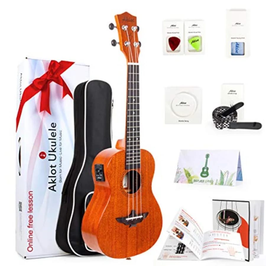 Electric Concert Ukulele for professional beginners and adults: solid mahogany body, 23-inch, natural wood finish, includes fre