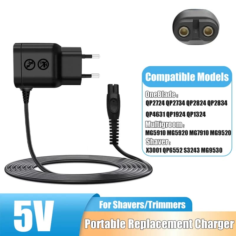 Caricabatterie di Ricambio 5V per Rasoio Elettrico QP2724 QP2734 QP2824 QP2834 QP4631 MG5910 MG9520 MG9525, Adattatore di Alimentazione per Regolabarba con Spina EU