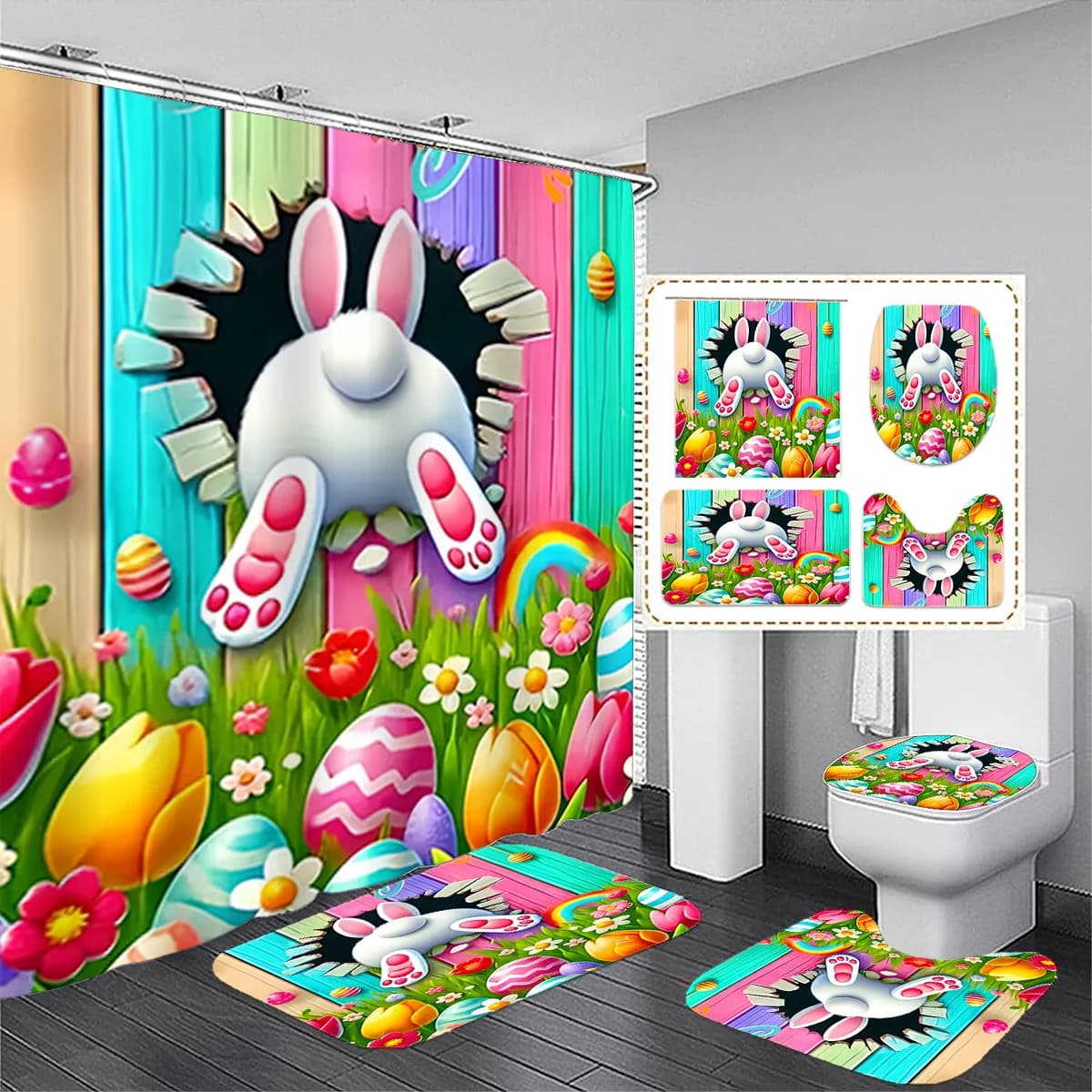 4 pezzi "Set di tende da doccia Happy Easter Bunny con tappetino da bagno, coprisedile per WC con imbottitura a forma di U - Decorazione da bagno in poliestere impermeabile"