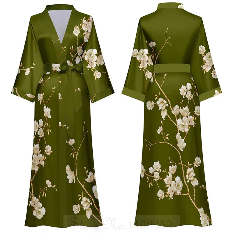 Stampa fiore femminile lungo abito da notte kimono giapponese accappatoio abito primavera estate camicia da notte in raso allentato casual abito da casa