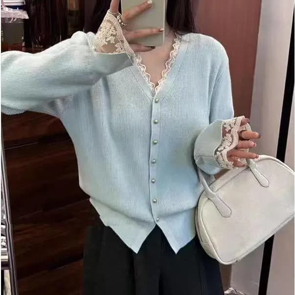 Elegant Lace Knitted Open Cardigan Women's V-neck Slim Fit Fashion Base Top Sweet Style Regular Sleeve Long Length Pure Color