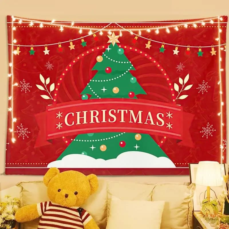 VIKAMA Red Cartoon Christmas Tree Wall Tapestry CHRISTMAS Banner Star Ornament Snowflake Leaf Holiday Aesthetic Home Decor Soft