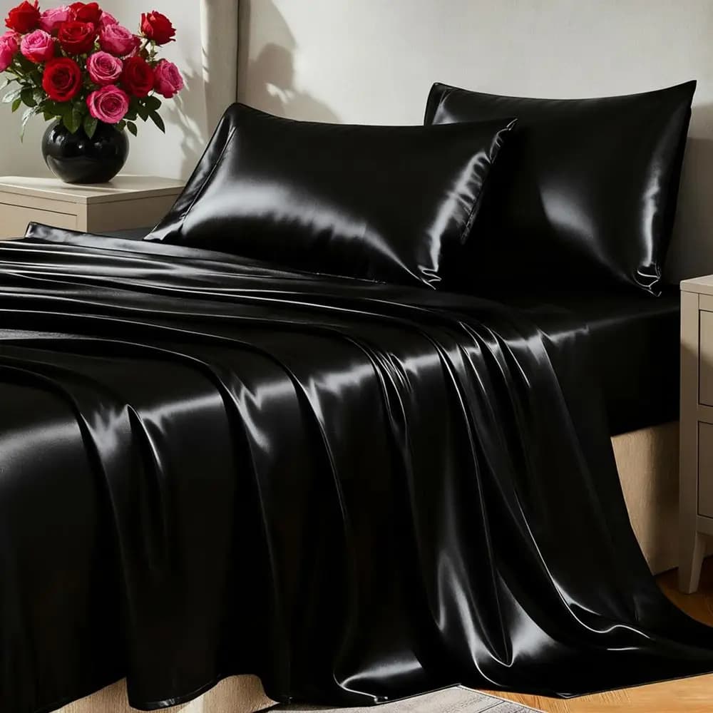 Set di Lenzuola in Raso King Size, 4 Pezzi, Lenzuola Setose, Set Letto King di Lusso Nero con Microfibra Liscia e Morbida, Include
