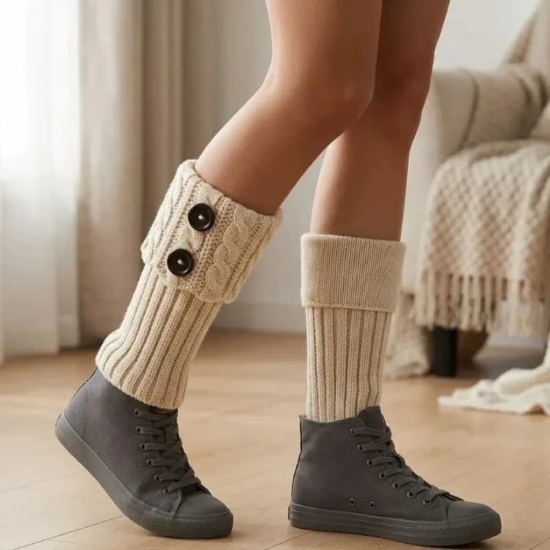 Beige Cable Knit Leg Warmers with Decorative Buttons, Ribbed Knitted Boot Cuffs for Fall and Winter Daily Outfit Matching