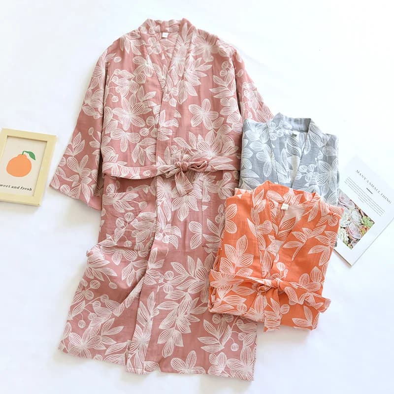 Women's pyjamas in pure cotton gauze Jacquard bathrobes thin autumn long sleeve Kimono Japanese loose dress and Casual from home