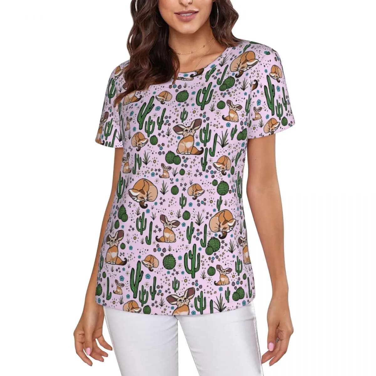 Fennec Foxes In Pink T-Shirt T-shirt da donna a maniche corte con scollo a O, abbigliamento in cotone, magliette estive, streetwear