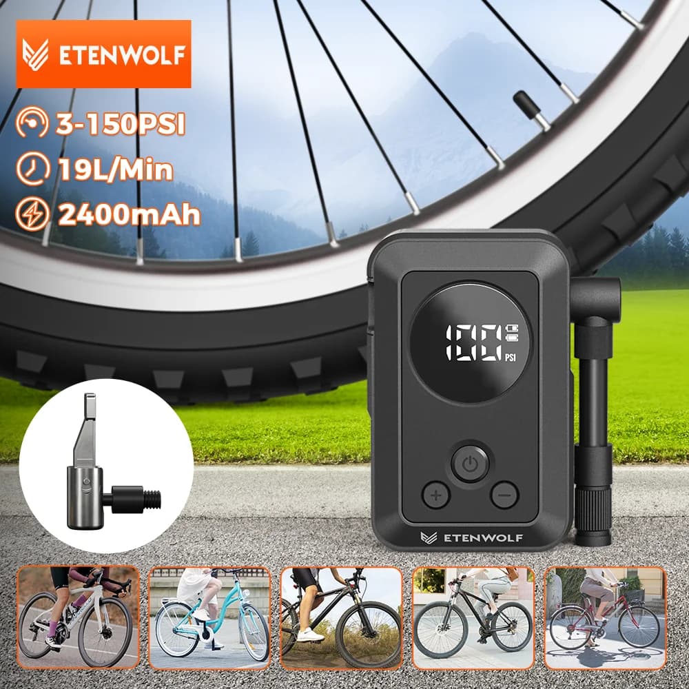 ETENWOLF S0 Mini pompa per pneumatici portatile per bici elettrica Gonfiatore a batteria con schermo 150PSI Pressione massima 2400mAh Batteria