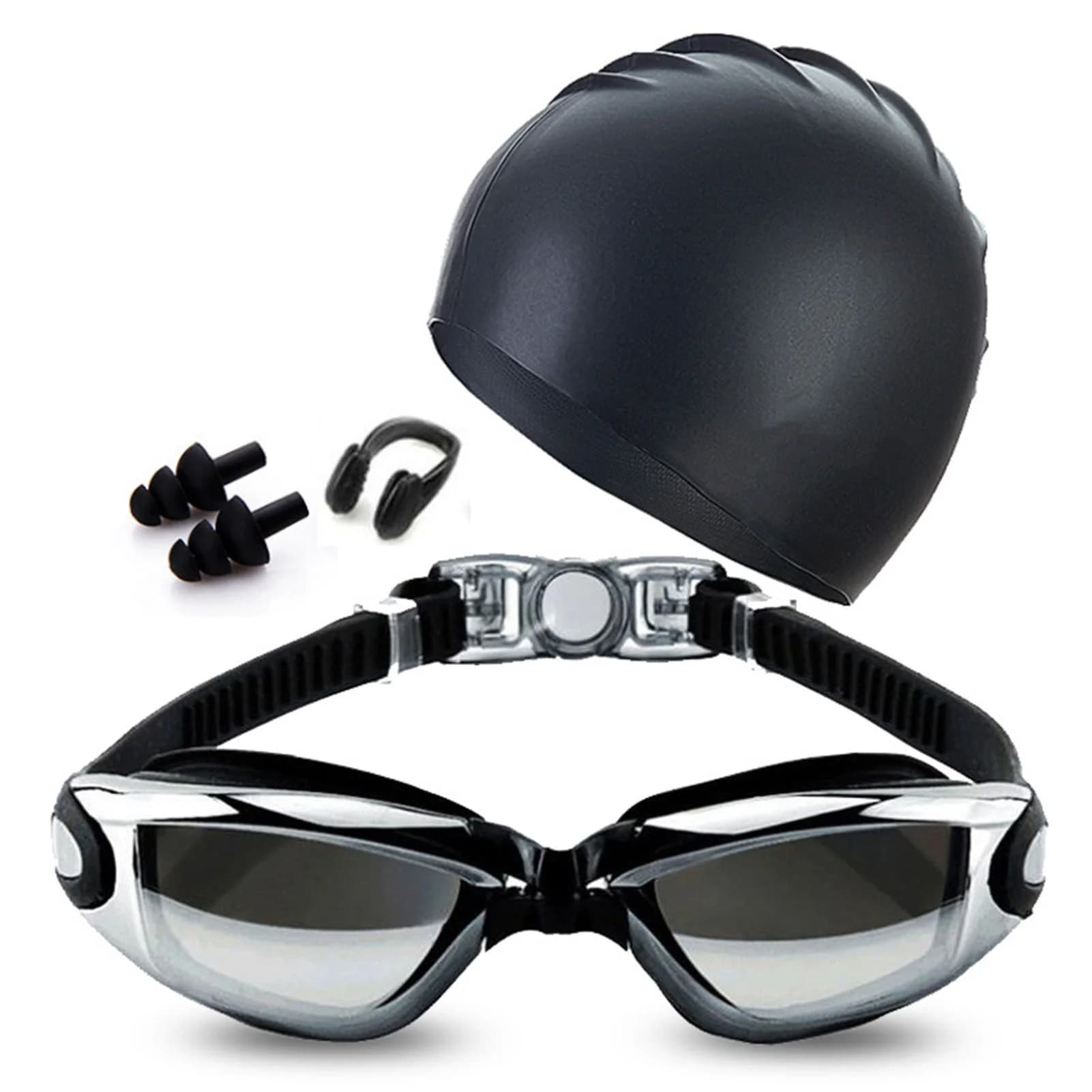 Adult Swimming Kit Anti Fog Electroplating Swimming Goggles Hat Cap Waterproof Silicone Nose Clip Earplug Kit