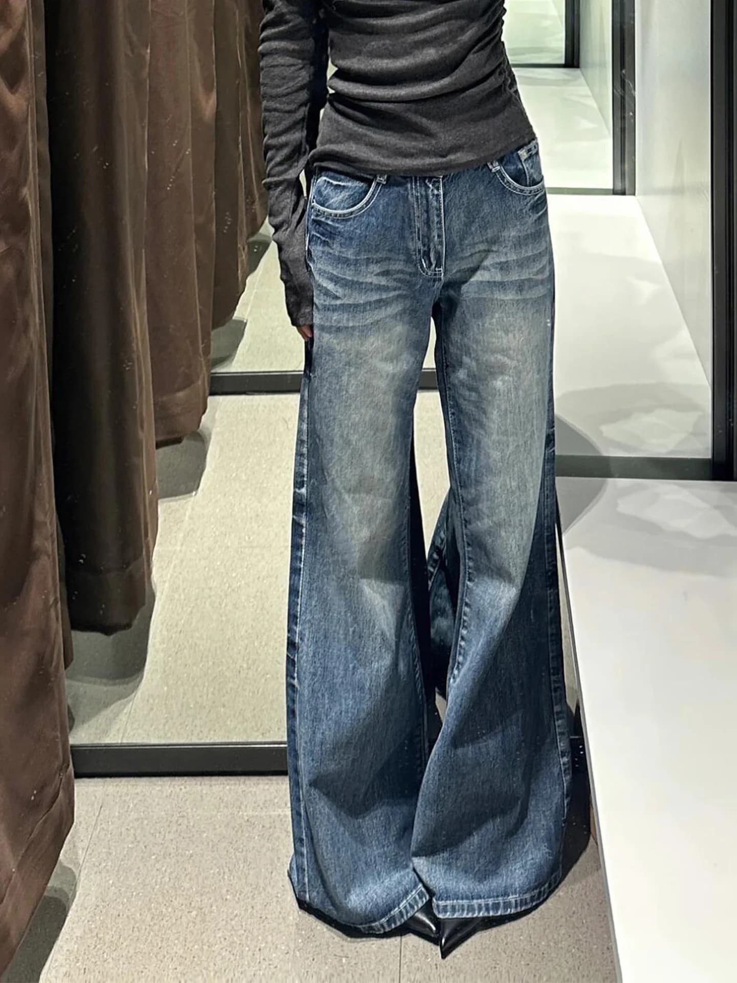 Jeans Slim Fit a Vita Alta da Donna, Stile Vintage Lavato, Gamba Larga, Stile Casual, Nuova Collezione Primavera Estate