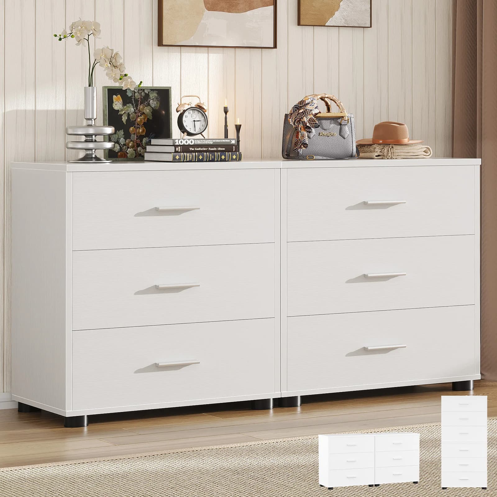 Aheaplus 3-Drawer Wooden Storage Cabinet 2-Pack, Stackable Closet Organizer with Deep Drawers, Nightstand & Bedside Table for Bedroom, Home Office, Entryway – White