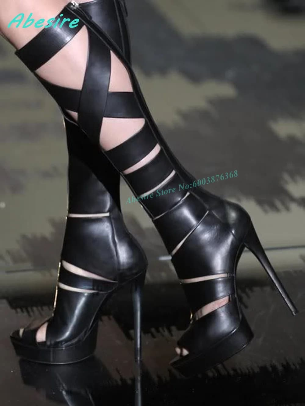 Leather sandals excavated with cross-linking Platform open toe Slim heels Knee high sandals Solid zipper boots Fashion shoes