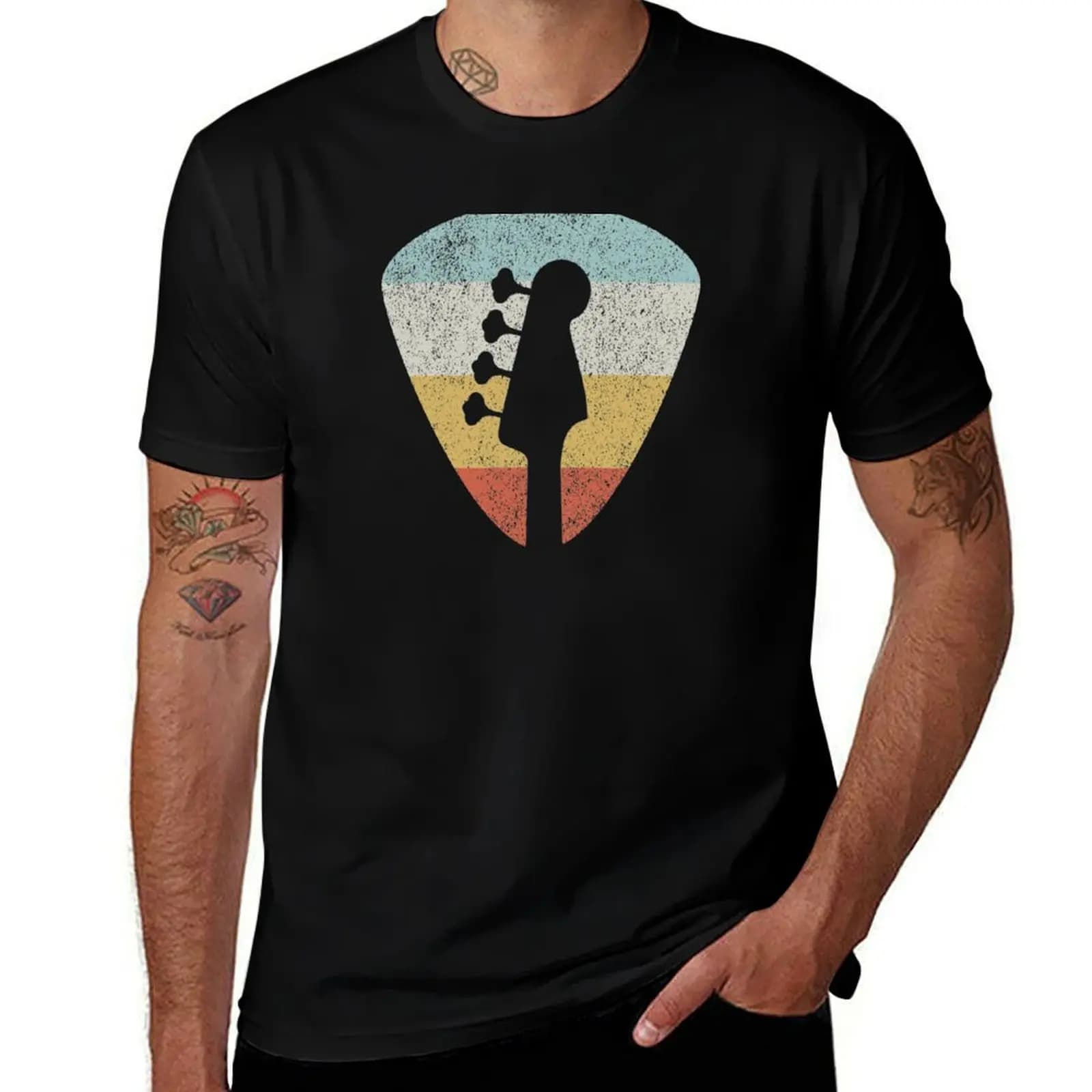 Retro Bass Player Guitar Pick T-Shirt Basic Tee Shirt for Everyday Outfit