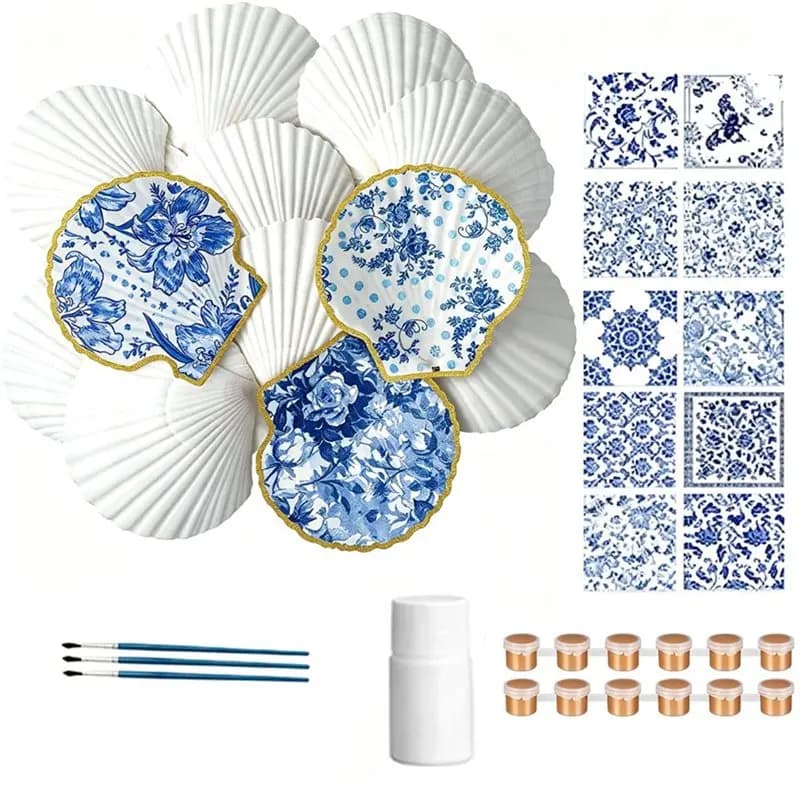 PHFU-Scallop Shells 12 Set For Crafts 4" To 5" White Large Shells Includes Pcs Decoupage Paper Napkins Acrylic Paint Strips