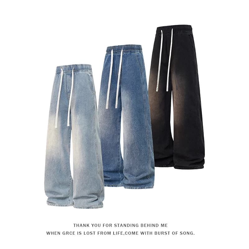 Jeans da uomo nuovi in denim lavato effetto distressed, stile American High Street, a gamba dritta larga e lunghezza intera, con coulisse in vita