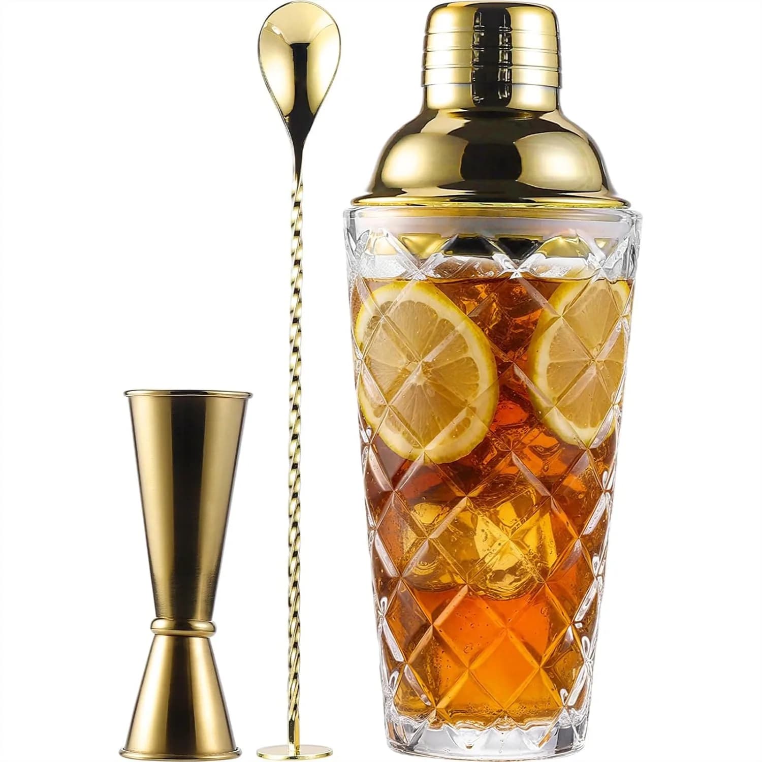 Set Shaker per Cocktail in Vetro con Colino Integrato – Shaker Ananas Oro da 16oz, Jigger e Cucchiaio da Bar per Home Bar