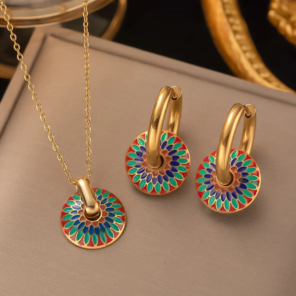Trendy Gold Plated Stainless Steel Pendant Necklace And Earrings Set Colored Drip Design for Women Girls Jewelry Gift Party