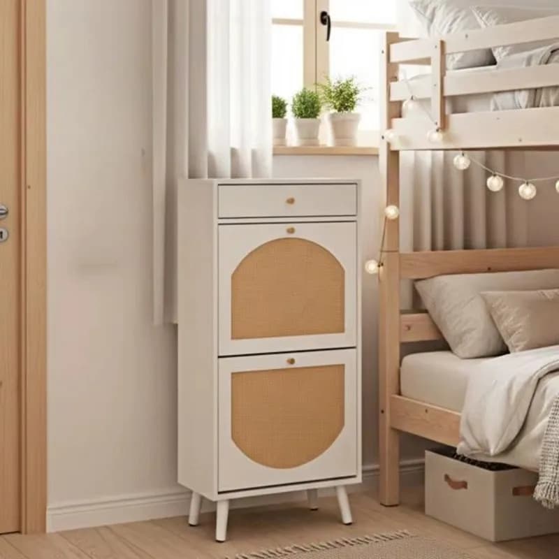 White 54 * 24 * 110 cm, rattan front shoe cabinet with 1 drawer and 2 flip compartments, particle board material