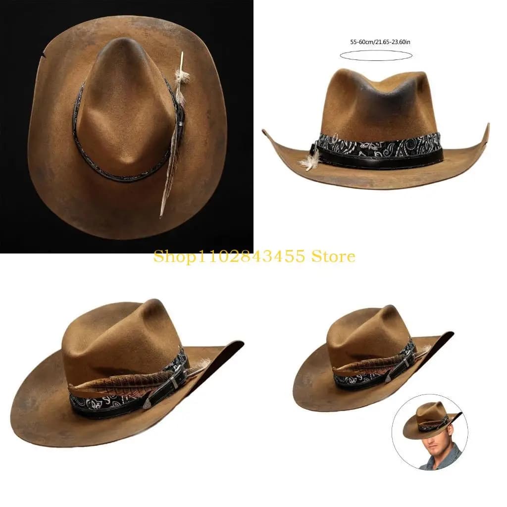 49MC Fashion Fedoras Hat for Women Man with PU Belt Panamas Hat Wool Magicians Hat Cowboy Costume Adult Roleplay Dress Up Hat
