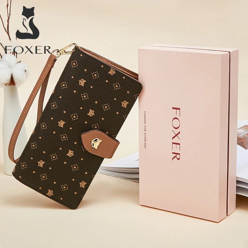 FOXER Portafoglio lungo da donna Porta carte e passaporto Elegante pochette Lady Monogram PVC con cinturino da polso Borsa per cellulare Portamonete femminile