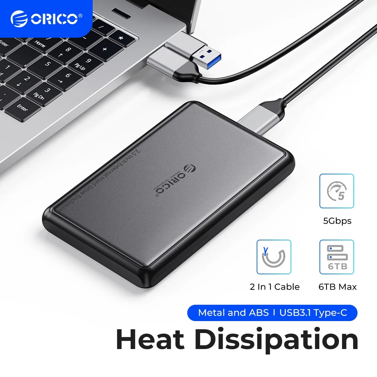 Custodia per HDD esterna da 2.5 pollici ORICO custodia per disco rigido da SATA a tipo C da 5Gbps per SSD HDD PC Laptop Metal + custodia in ABS dissipazione del calore