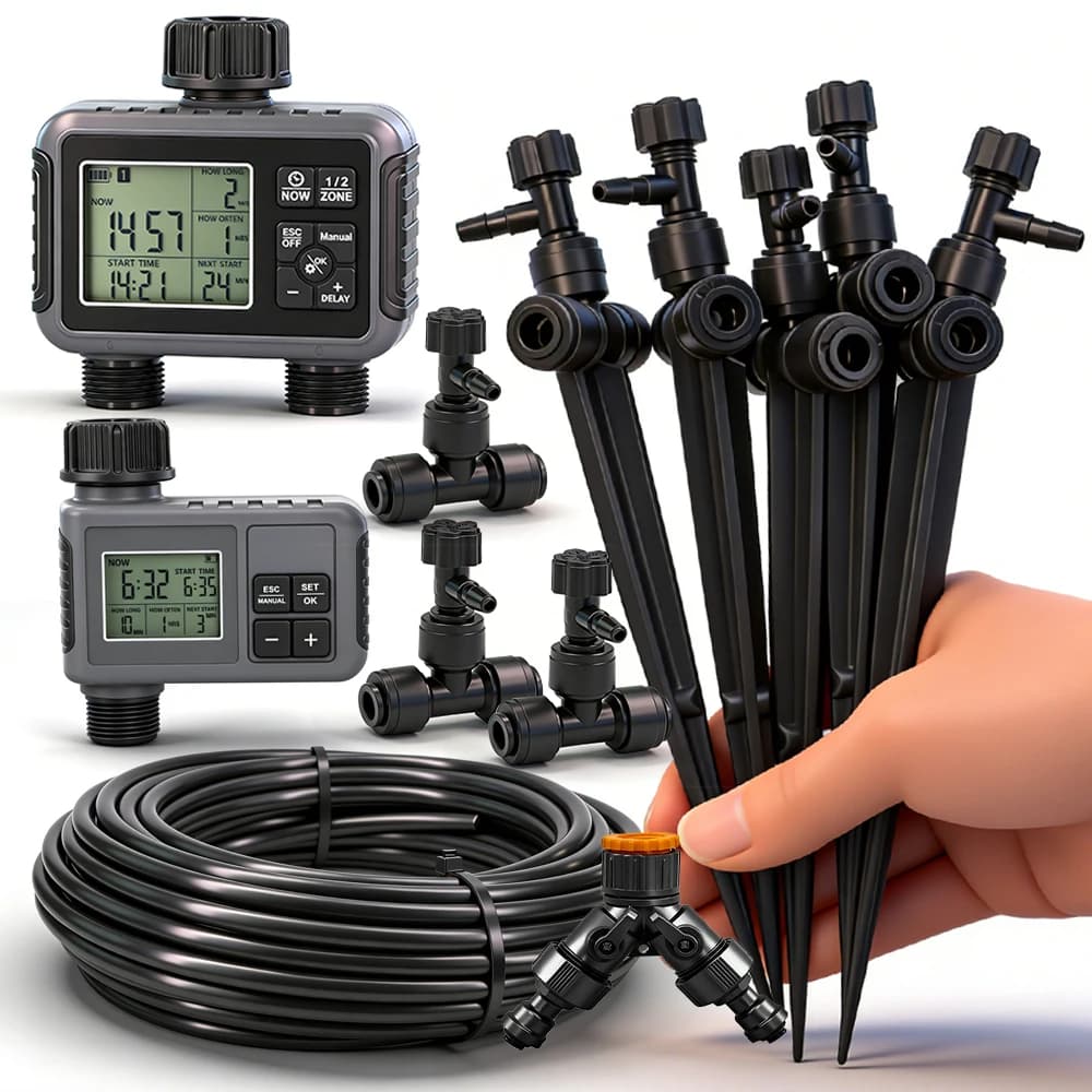 Kit Irrigazione a Goccia Automatico Programmabile 5-50M con Valvola di Regolazione e Emettitore da 1/4" per Tubo - Sistema di Irrigazione da Giardino a Risparmio Idrico