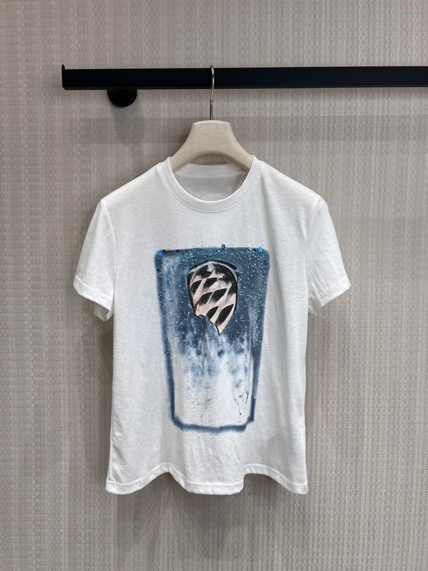 Retro Elegant Retro Style Women's T-shirt Glitter Print Shiny Pure Cotton White Short Sleeve round Neck Moisture Wicking
