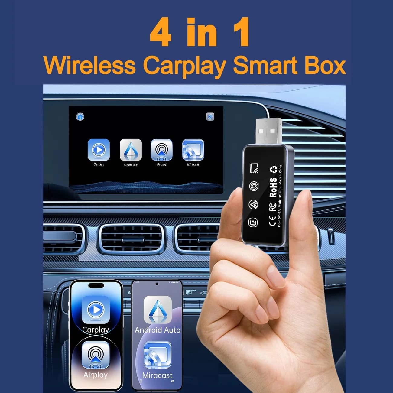 Adattatore Wireless CarPlay 4 in 1 con Proiezione Schermo a Specchio, Type-C per Airplay, Miracast, Android Auto, Dongle USB per VW e Benz