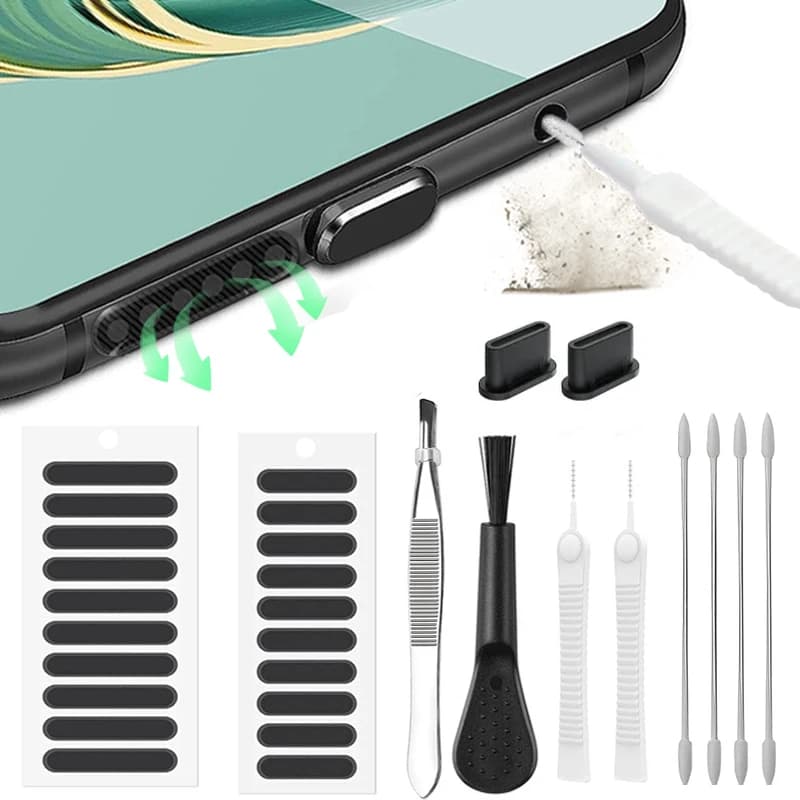 66 pezzi adesivo in rete per altoparlante con spina antipolvere per telefono cellulare con pinzette per IPhone 16 Samsung Xiaomi kit di pulizia protezione porta di ricarica