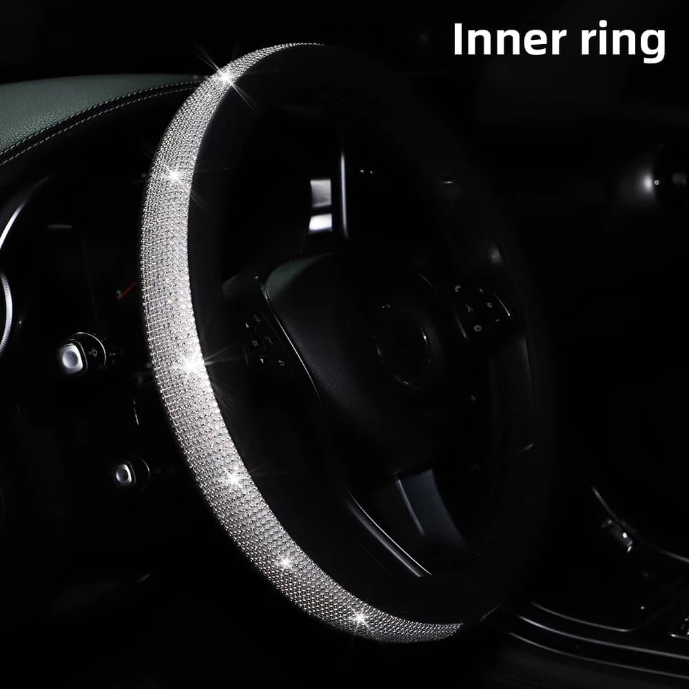 Coprivolante per auto da 37-38 cm in pelle PU da donna con interno lucido tempestato di diamanti, senza anello interno, per auto