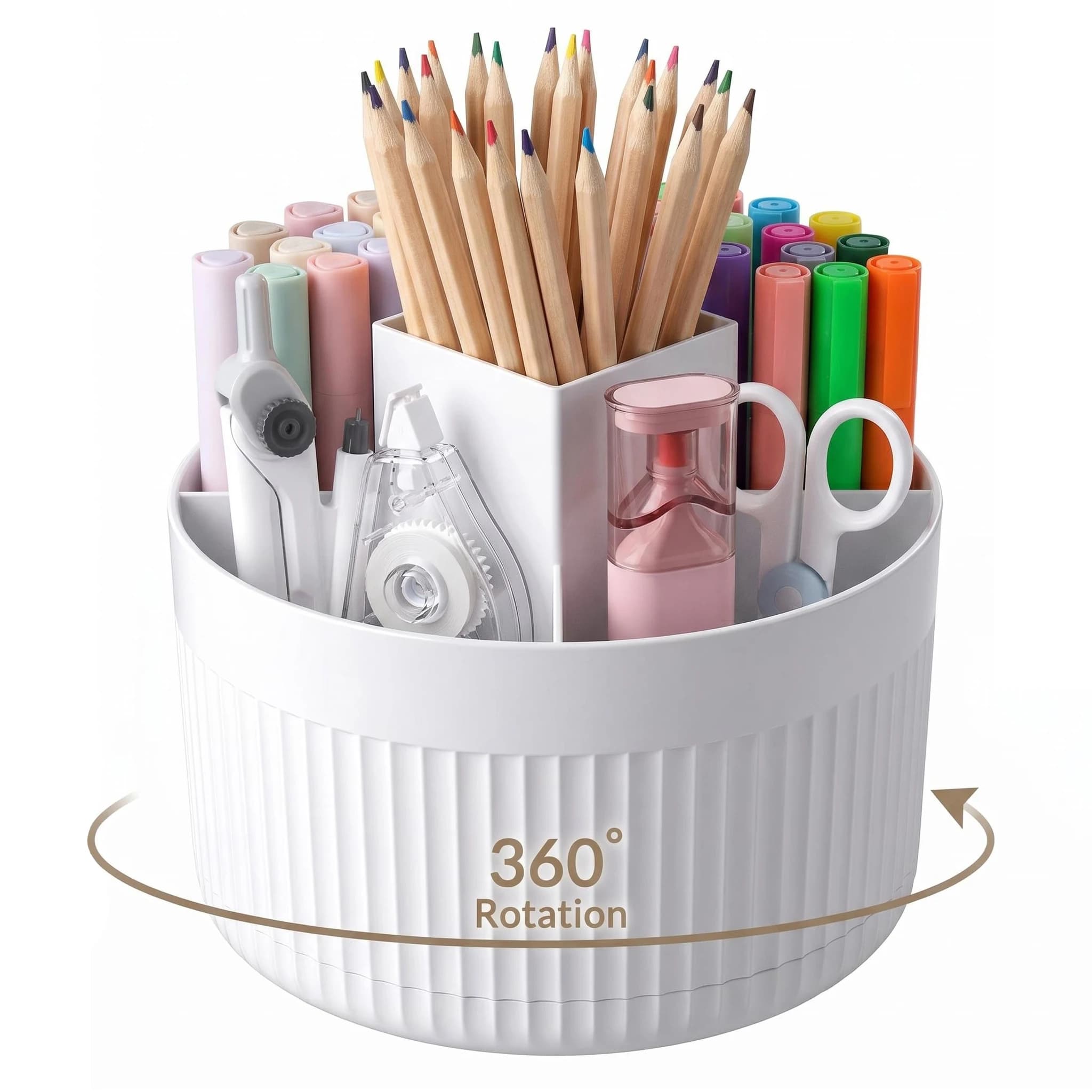 360 Rotating Plastic Desk Pen Organizer with 5 Slots, Dual-Purpose Art Supply Pencil Cup for Office, School, Home