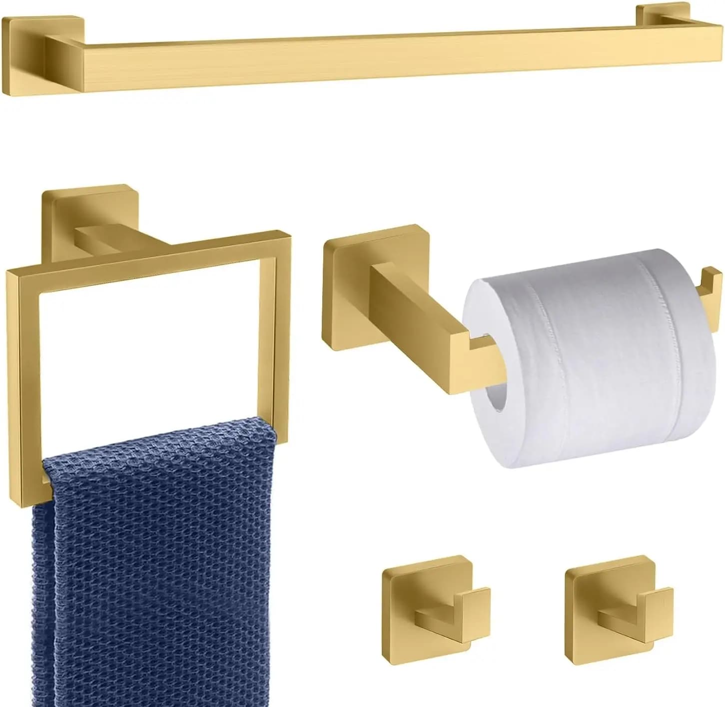 Set di 5 portasciugamani dorati, accessori per il bagno con 2 ganci, acciaio inossidabile, quadrati da 16 pollici