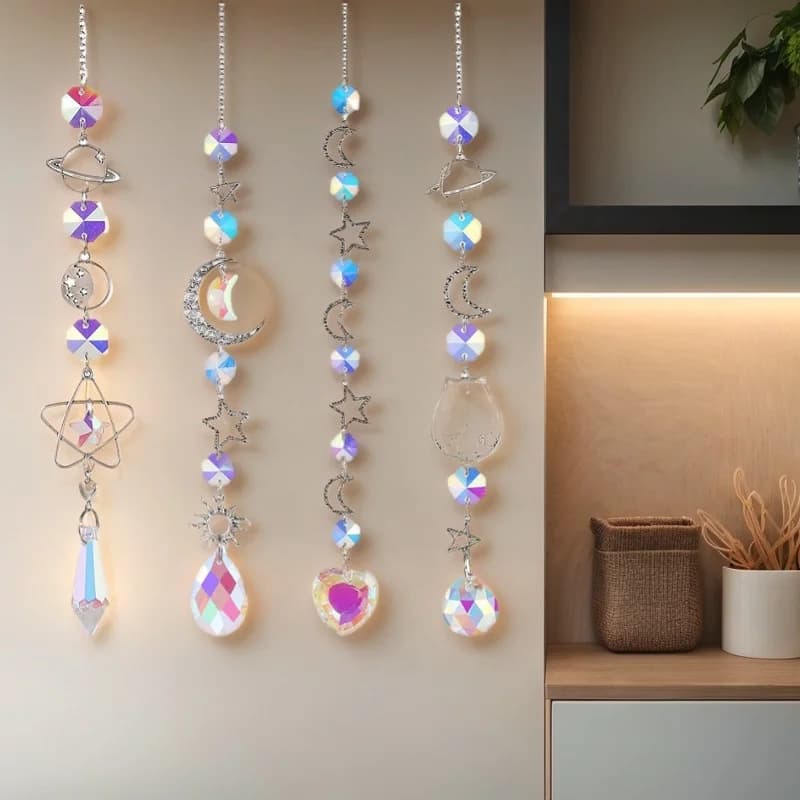 Crystal Wind Chime Love Heart Moon Sun Catcher Hanging Pendant Dream Catcher Rainbow Hanging Drop Windchime Home Garden Decor