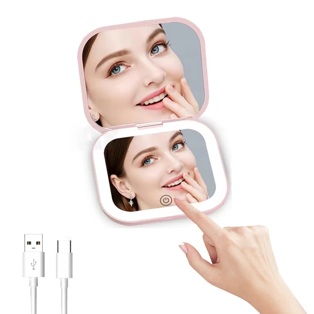 Compact Makeup Mirror with 2X Enlargement and LED Lights, Foldable Travel Mirror Portable Gift Pocket