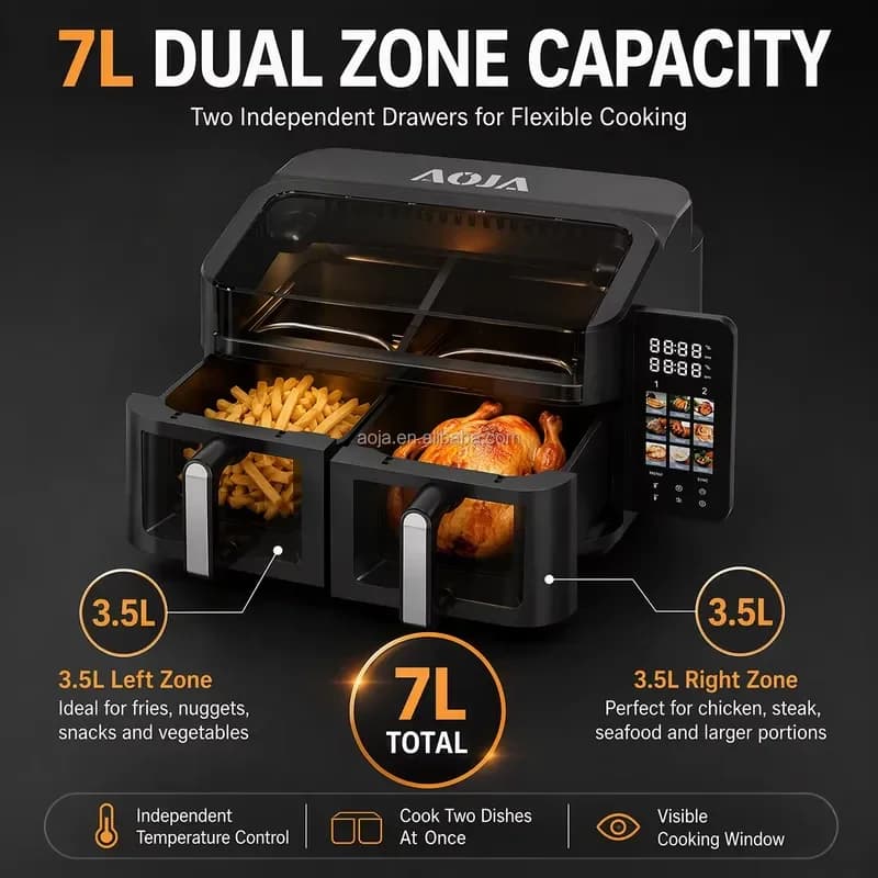 2026 OEM 9L Air Fryer 2400W 4.5L Plus 4.5L Dual Independent Zone Baskets 270 Degree Visible Window Digital Air Fryer Large