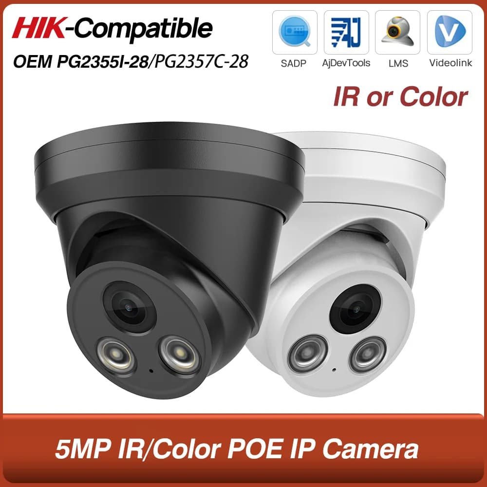 Telecamera IP PoE 5MP Compatibile Hikvision OEM con Visione Notturna IR o a Colori, Telecamera di Sicurezza CCTV Plug&Play con NVR HIK