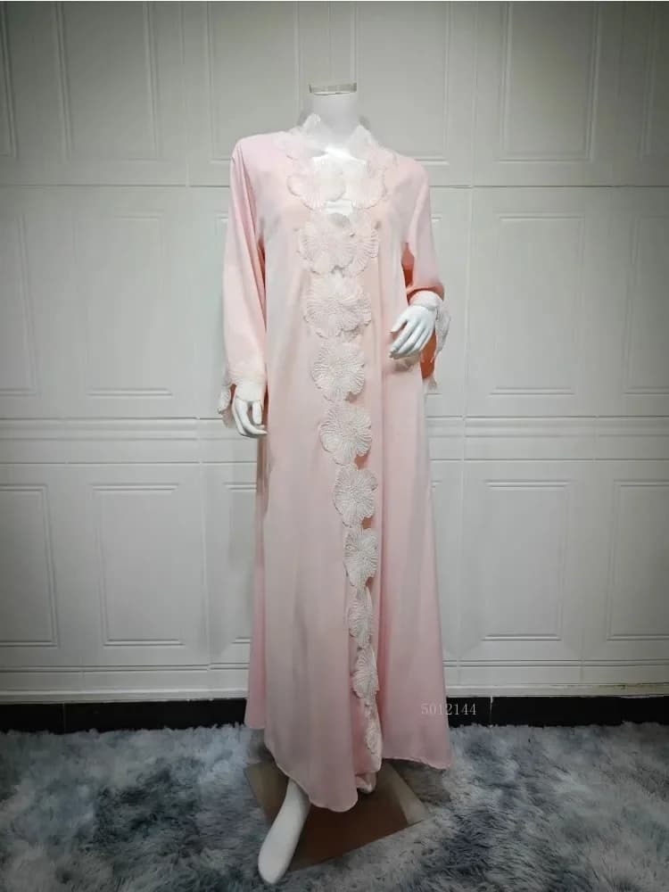 Cardigan Dress Long Abaya Dubai Women's Eid Flower Muslim Moroccan Kaftano Jalabiya Ramadan Party Robe with Applique