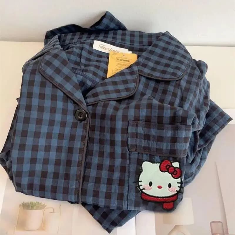 Sanrio Hello Kitty Sfashion Pring and Autumn Sweet Girl Cartoon Anime Chess Style Cute Pajama Set di vestiti per la casa con pantaloni a maniche lunghe