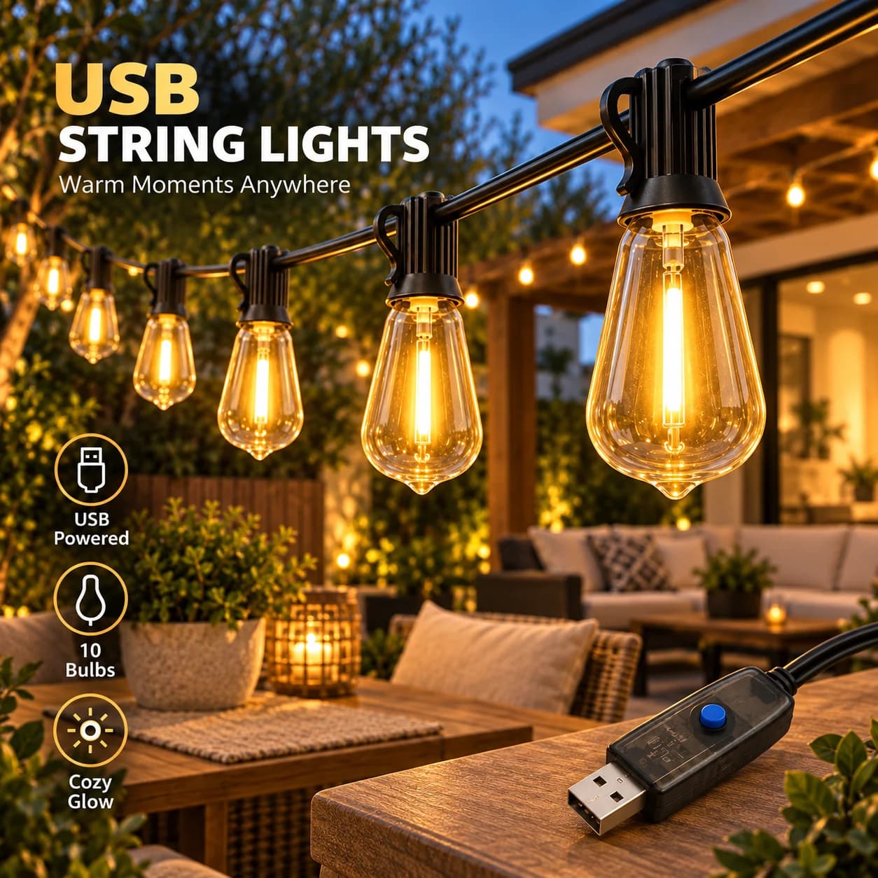 LED String Lights G40 Flat Retro Bulb Fairy Lights USB Powered Warm White 8 Modes Patio Garden Wedding Christmas Decor