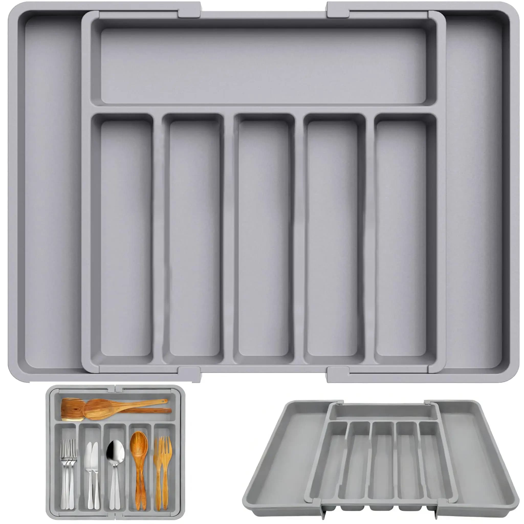 Expandable Silverware Drawer Organizer, Extra Large Adjustable 6-8 Compartment Kitchen Utensil Tray, Space Saving Flatware Cutlery Holder for Spoons Forks Knives Chopsticks, Grey Black Kitchen Drawer Storage