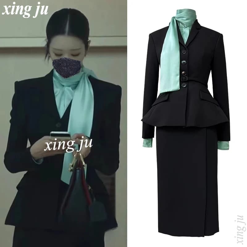 Kpop Cantante Coreano Temperamento Del Partito Blazer Neri Cappotto A-line Gonne Lunghe Donne Kpop Abiti di Scena Abbigliamento Costumi di Danza Jazz