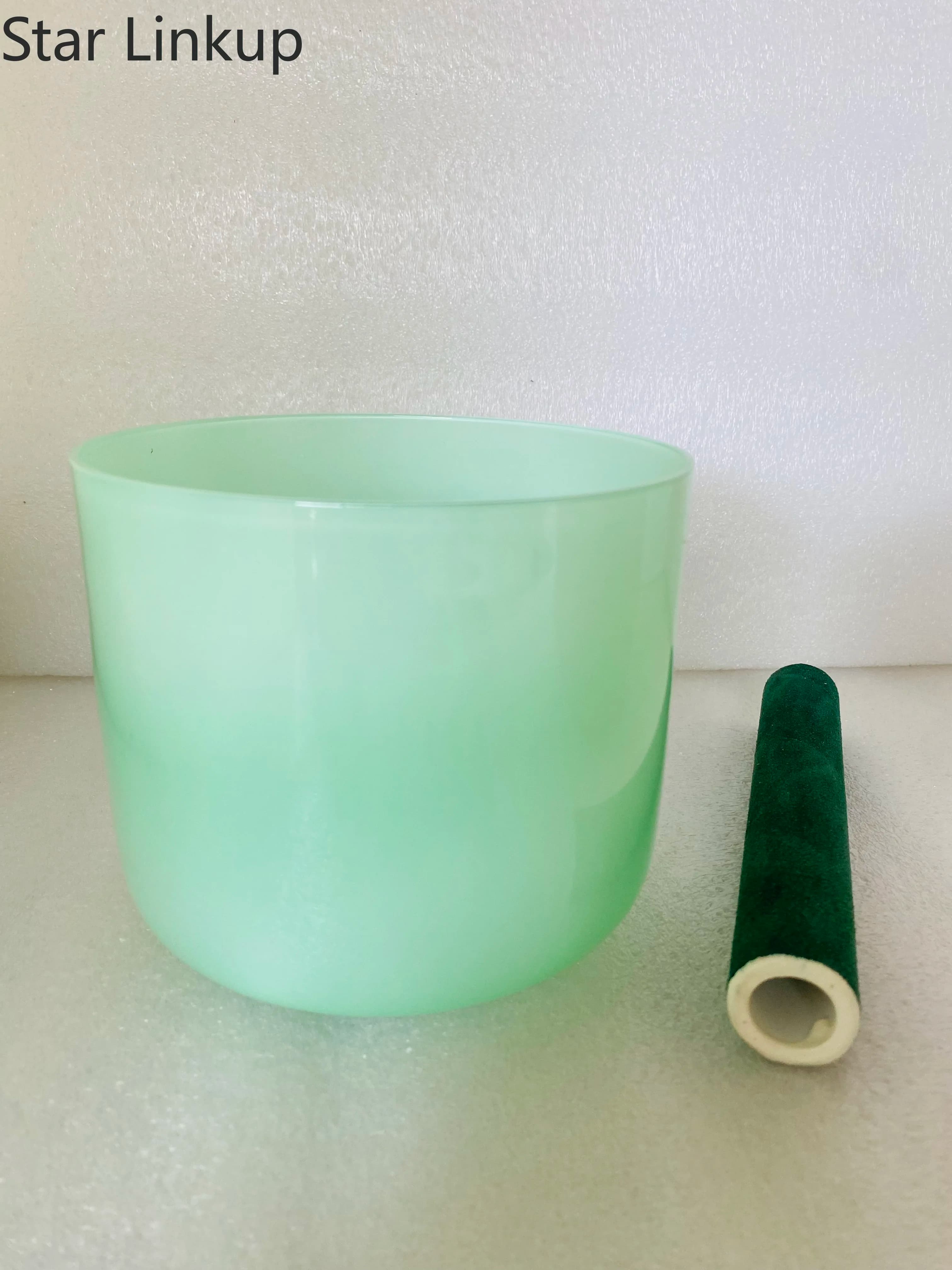 Star Linkup 7.5" Pastel green crystal singing bowl straight wall flat bottom style 432Hz 3rd octave F heart charka or F# note Thymus charka