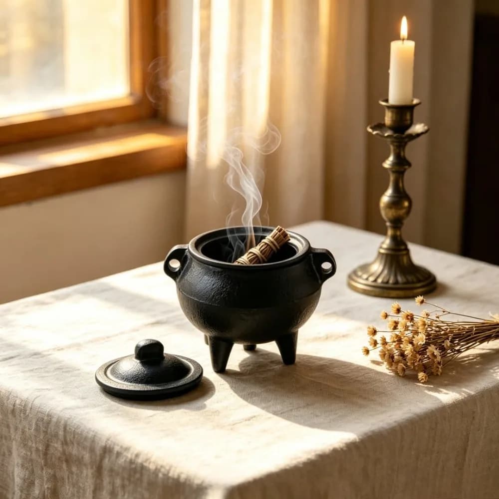 Mini Cast Iron Cauldron Incense Burner with Cover Smudge Pot Stick Incense Holder for Spiritual Meditation Home Table Decor