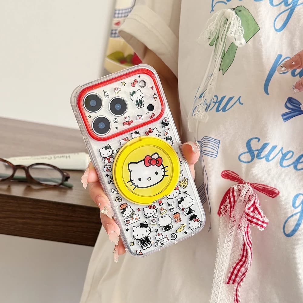 Cappello alla Moda con Fiocco Sanrio Hello Kitty 360 ° Custodia per telefono con supporto girevole e anello per iPhone 17 16 15 14 13 Pro Max