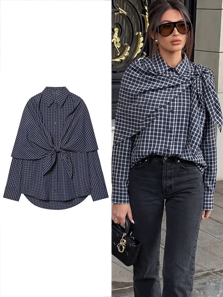Camicia a quadri HH da donna, blusa vintage con sciarpa, colletto a risvolto, monopetto, a maniche lunghe, casual, per vacanze e spiaggia