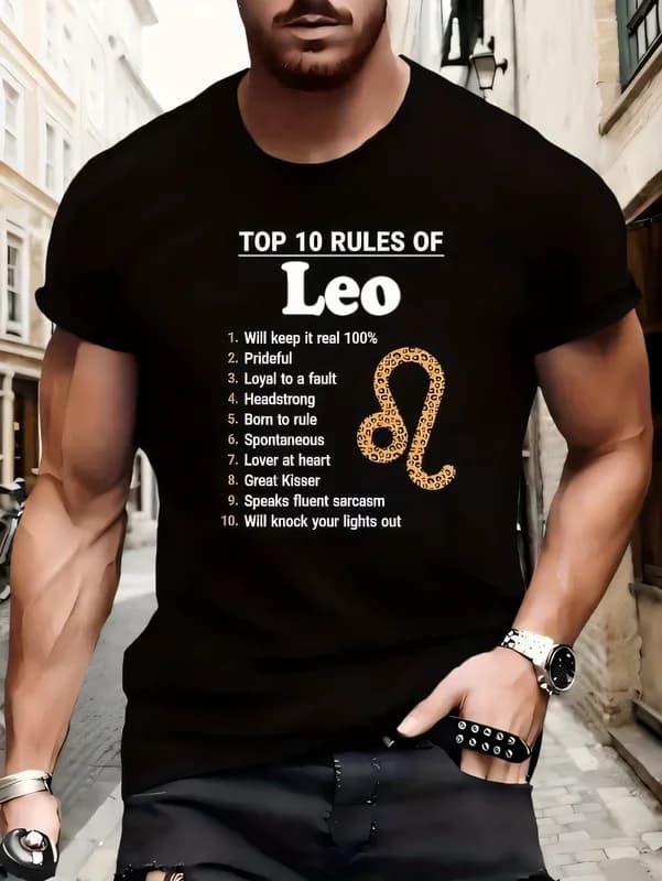 Muscular Man Leo Zodiac Rules Black T-Shirt Men's Streetwear Urban Style Summer Cotton Tees Top 10 Traits Fashion Print T-shirt