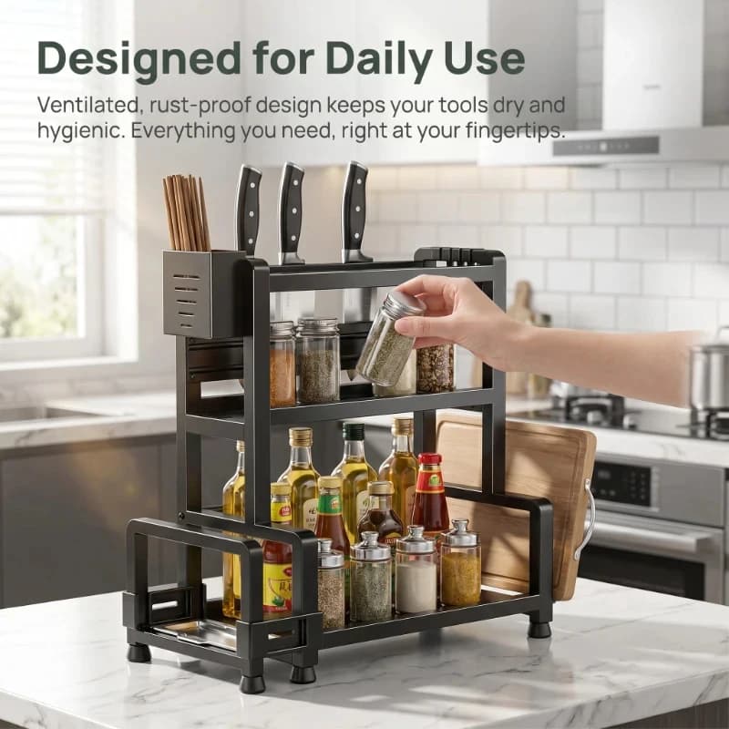 3 Tier Spice Storage Rack for Countertop Adjustable Spice Organization for Cabinet Kitchen Organizer Metal Shelf Black