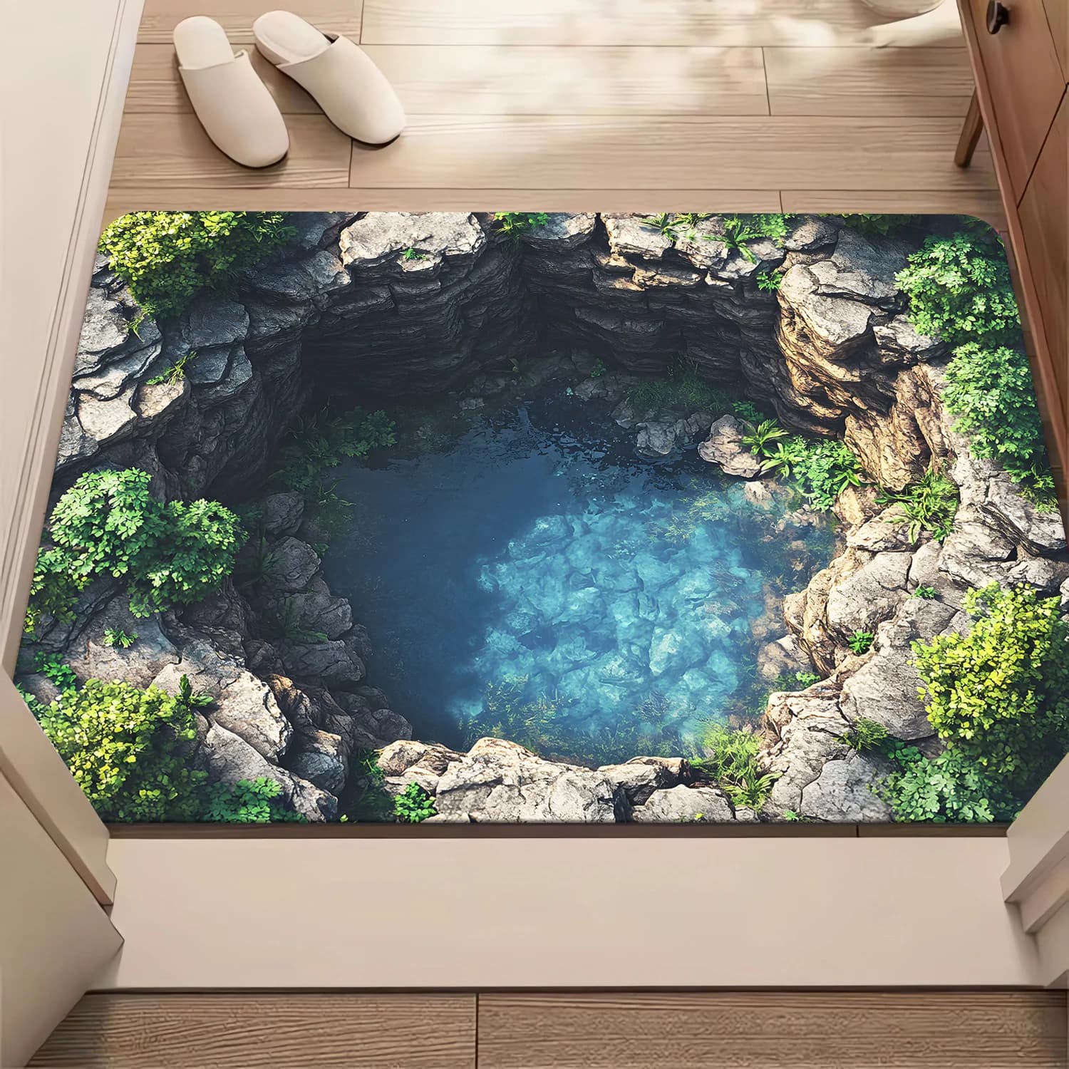 Zerbino con paesaggio primaverile in grotta 3D, tappeto antiscivolo con design realistico di piante d'acqua di roccia per l'arredamento naturale dell'ingresso interno