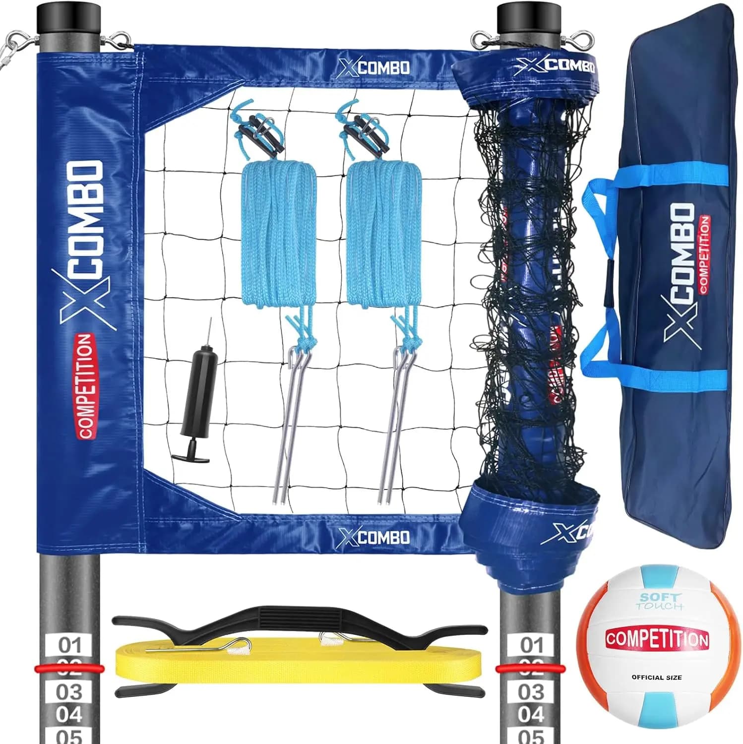 Outdoor volleyball net set for heavy loads with adjustable aluminum poles, portable for outdoor use and tournaments